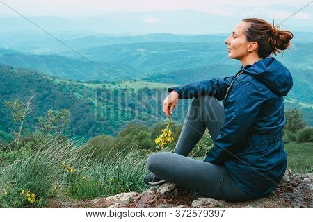 Beautiful Woman Smiling In Nature. Happy People Lifestyle. Woman Smiling While Hiking In Nature. Nat