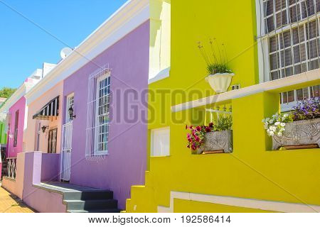 Cape Town, South Africa - January 11, 2014: close up of colorful houses of Bo-Kaap, famous Malay Quarter is the Muslim Malay village. Bo-Kaap is the most colorful neighborhoods in Cape Town