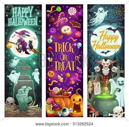 Happy Halloween Holiday Monsters, Pumpkins And Witch Ghosts. Vector Halloween Trick Or Treat Party S