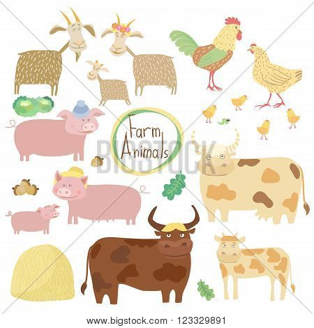 Cute farm animals on white background. Cartoon cow, horse, pig, chicken and other animals. Vector farm animals. Farm animals set. Cartoon farm animals characters illustration. Funny Animals. Isolated farm animals. Differet vector animals.