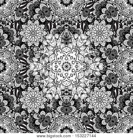 Seamless floral doodle background pattern in vector. Design asian ethnic tribal pattern. Black and white background. Vector.