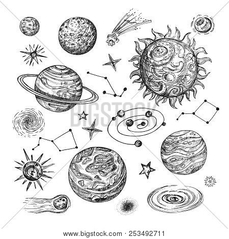 Hand Drawn Sun, Planets, Stars, Comet, Asteroid, Galaxy. Vintage Astronomical Vector Illustration In