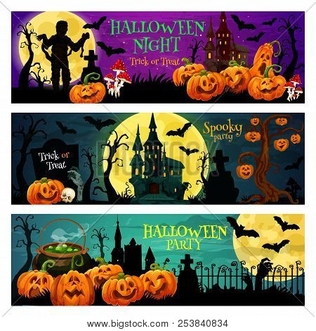 Halloween Night Trick Or Treat Banner Set With October Holiday Pumpkin. Spooky House, Cemetery And Z