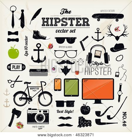 Hipster style infographics elements and icons set for retro design. With bicycle, sunglasses, mustache, bow, anchors, apple and camera. Vector illustration.