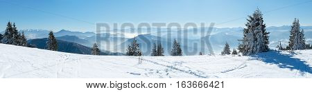 Panoramic View Snow Capped Mountains, European Beautiful Winter Mountains.Slope For Skiers, Alpine Mountains, Landscape For Cross Country Skiers, Winter Panorama Alps, Beautiful Winter Mountain Landscape