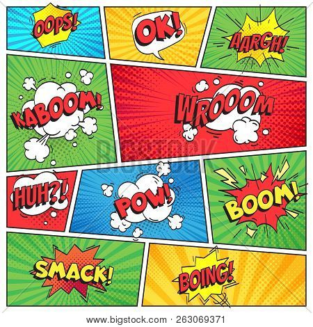 Comics Page. Comic Book Grid Frame, Funny Oops Bam Smack Text Speech Bubbles On Color Stripes Backgr