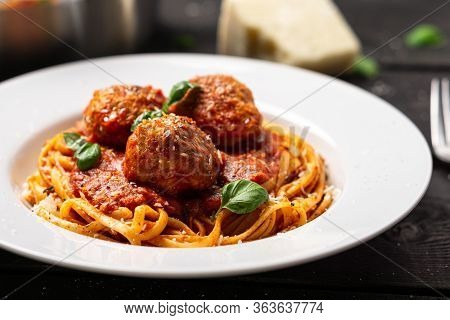 Spaghetti And Meatballs Plate Close-up.