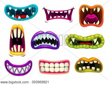 Monster Mouths With Sharp Teeth And Tongues. Cartoon Vector Funny Os Of Aliens Smiling, Laughing Roa