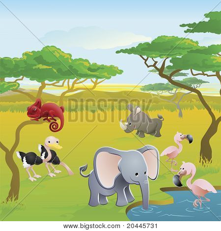 Cute African Safari Animal Cartoon Scene