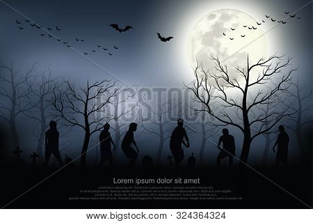 Crowd Of Hungry Zombies In The Woods. Silhouettes Of Scary Zombies Walking In The Forest At Night. S