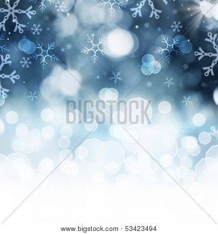 Winter Holiday Snow Background. Christmas Abstract Defocused Backdrop with Snowflakes. Bokeh 