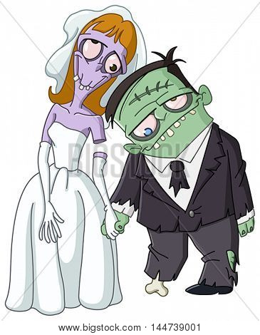 Zombie wedding. Zombie bride and groom holding hands.