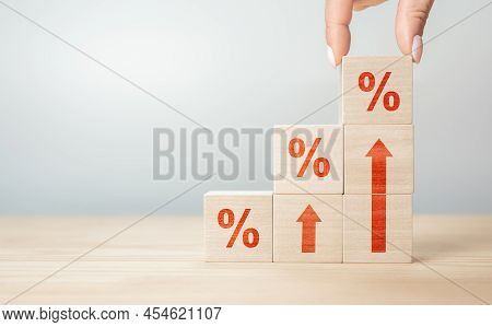 Monetary Inflation. Wooden Blocks With Percentage Sign And Arrow Up, Financial Growth, Interest Rate