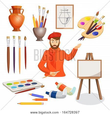 Artist in red clothes and hat in centre of illustration with many artistic elements around. Vector illustration of man, artist palette, paint brushes, picture stand, vase and set of colourful paints