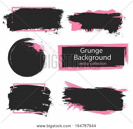 Set of black and pink paint, ink brush strokes, brushes, lines. Dirty artistic design elements, boxes, frames for text.