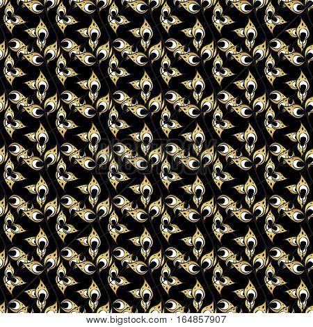 Seamless Vintage Pattern On Black Background With Golden Elements. Leaves.