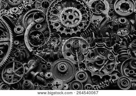 Steampunk Texture, Backgroung With Mechanical Parts, Gear Wheels, Steam Punk Cogwheels, Heap Of Auto