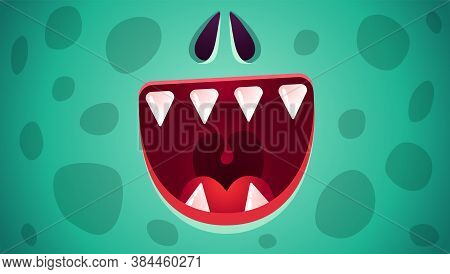 Vector Cute Face Of Green Monster For Halloween Faces Mask. Kawaii Face Of Zombie For Halloween Cost