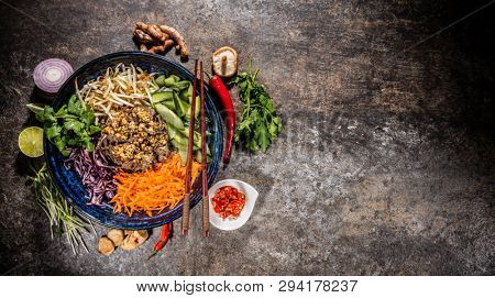 Top view composition of Bun bo nam bo vietnamese food in bowl, free space for text