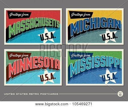 United States vintage typography postcards. Massachusetts, Michigan, Minnesota, Mississippi
