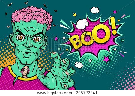 Cartoon hand drawn zombie with brains out rises his hands and Boo! speech bubble. Vector illustration in retro comic style. Colorful pop art background. Halloween monster party invitation poster.