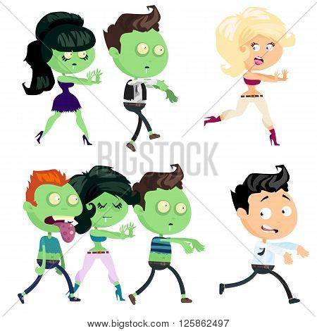 Set of a zombie isolated on white background. Zombie men and women in cartoon style. Zombies are attacking people. Vector illustration.