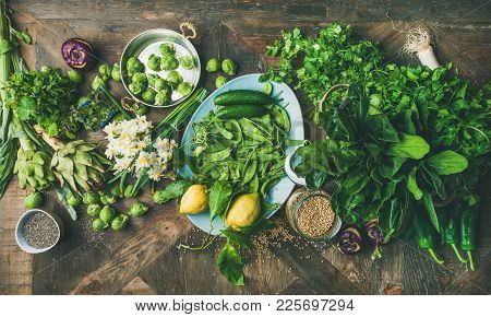 Spring Healthy Vegan Food Cooking Ingredients. Flat-lay Of Vegetables, Fruit, Seeds, Sprouts, Flower