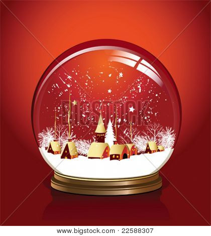 Vector snow globe with a town in red color, vector illustration