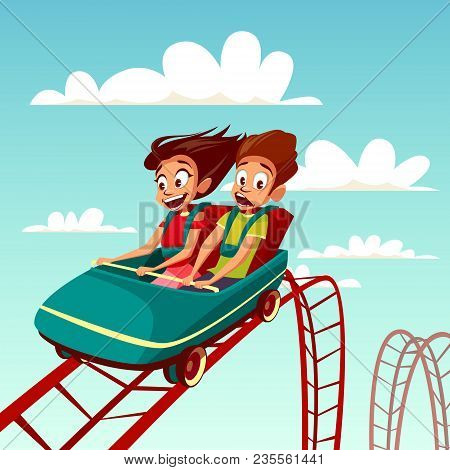 Kids On Rollercoaster Rides Vector Illustration. Boy And Girl Riding Fast On Russian Mountains Amuse