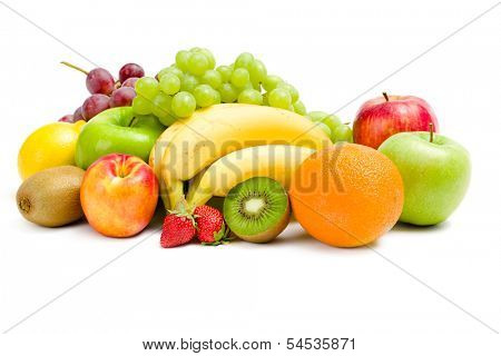 Close up of heap of fruit, isolated on a white. Concept of healthy eating and dieting lifestyle