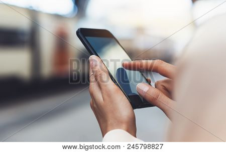 Blogger Hipster Using In Hands Gadget Mobile Phone, Woman Texting Message On Blank Screen Smartphone