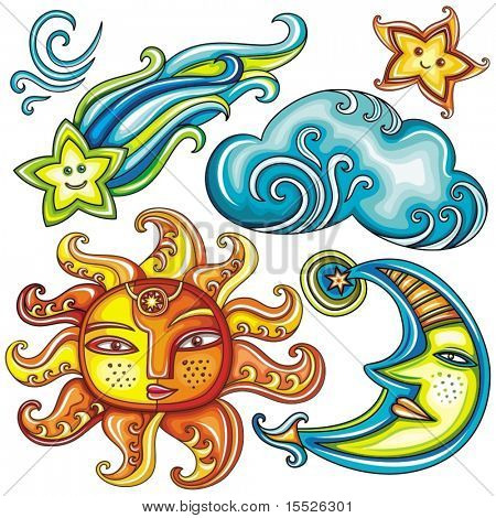 Vector set of Celestial symbols: sun, moon, star, comet, with human faces, and cute cloud.