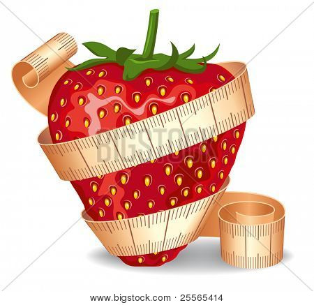 Strawberry wrapped in a measuring tape. Symbol of diet and healthy lifestyle.