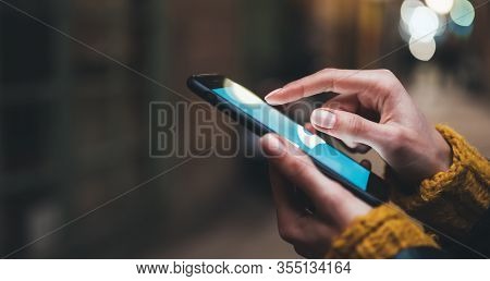 Point Finger On Screen Mobile Phone Closeup, Person Texting Text Message, Hipster Touch Blue Screen 