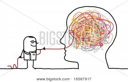 hand drawn cartoon character - doctor untangling a brain knot