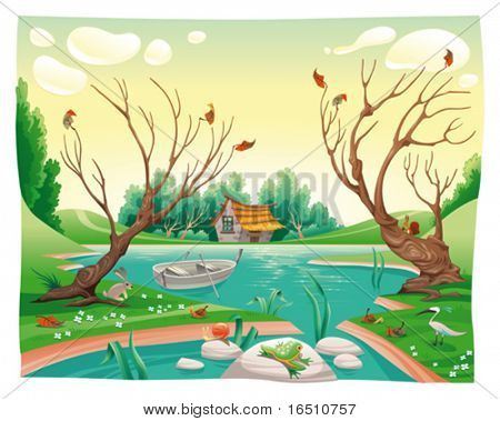 Pond and animals. Funny cartoon and vector illustration