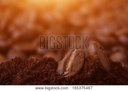 Closeup Of Coffee Beans At Roasted Coffee Heap. Coffee Bean On Macro Ground Coffee Background. Arabi