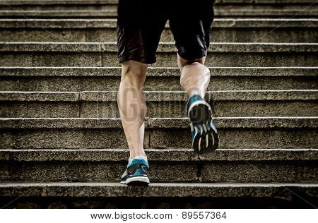 Young Athletic Legs With Sharp Scarf Muscles Of Runner Sport Man Climbing Up City Stairs Jogging And