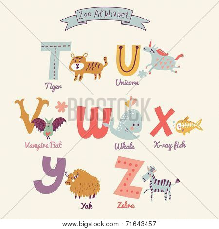 Cute zoo alphabet in vector. T, u, v, w, x, y, z letters. Funny cartoon animals. Tiger, unicorn, vampire bat, whale, x-ray fish, yak, zebra in bright colors