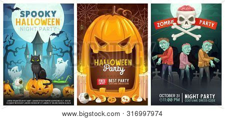 Halloween Night Holiday, Trick Or Treat Party With Zombie And Monsters. Vector Halloween Pumpkin Lan