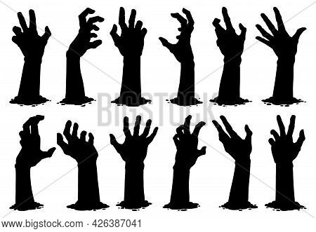 Halloween Zombie Hands. Spooky Haunted Arms Appear Of Ground Silhouette Vector Illustration Set. Cre