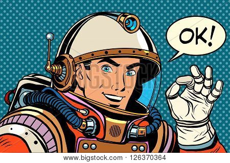 OK astronaut man okay gesture well pop art retro style. Okay vector. Retro space good quality