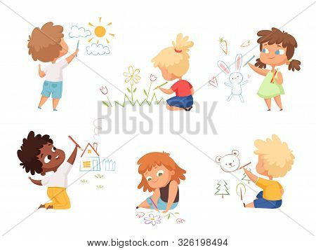 Kids Drawing. Children Artists Educational Funny Cute Childrens Boys And Girls Making Different Pict