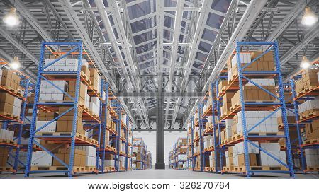 Warehouse With Cardboard Boxes Inside On Pallets Racks, Logistic Center. Huge, Large Modern Warehous