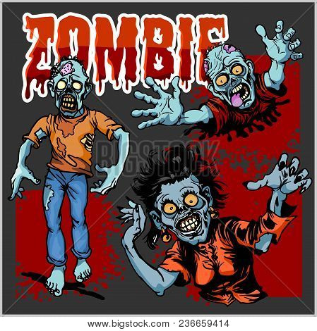 Zombie Comic Set - Cartoon Zombie. Set Of Color Drawings Of Zombies.