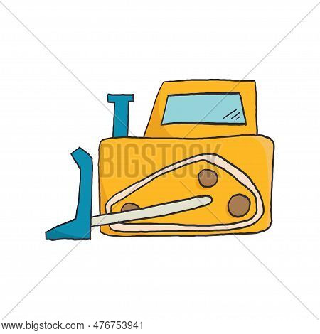 Cute Vehicle For Kids Design. Bulldozer Quarry Machine.hand Drawn Transport Icon Of Tractor.