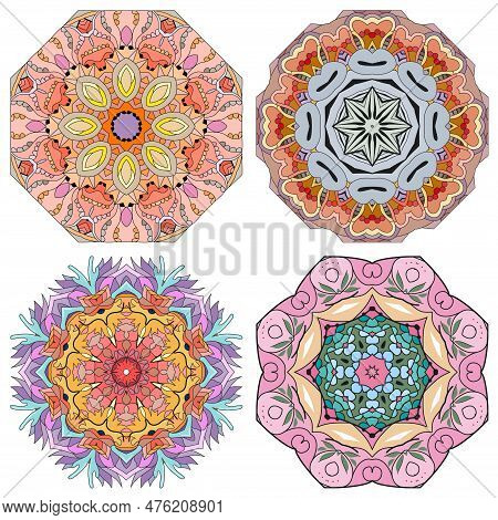 Hand-painted Art Design. Color Hand Drawn Illustration Set Of 4 Mandalas For Decoration