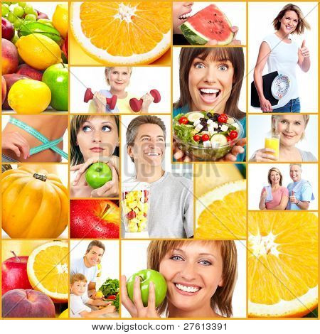 Healthy lifestyle collage. People, diet, healthy nutrition, fruits, fitness