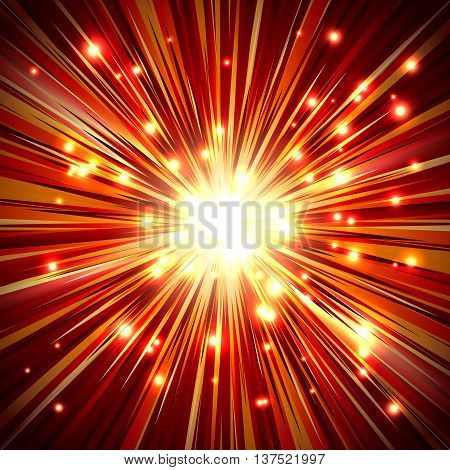 Shining a flash light with rays and sparkles; Abstract background of the fiery explosion and scattering rays; Release of powerful energy; Eps10