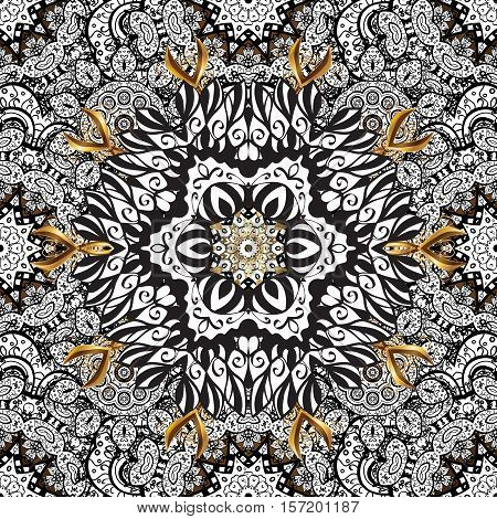 Vintage Pattern On Golden Background With White Floral Elements. Raster.